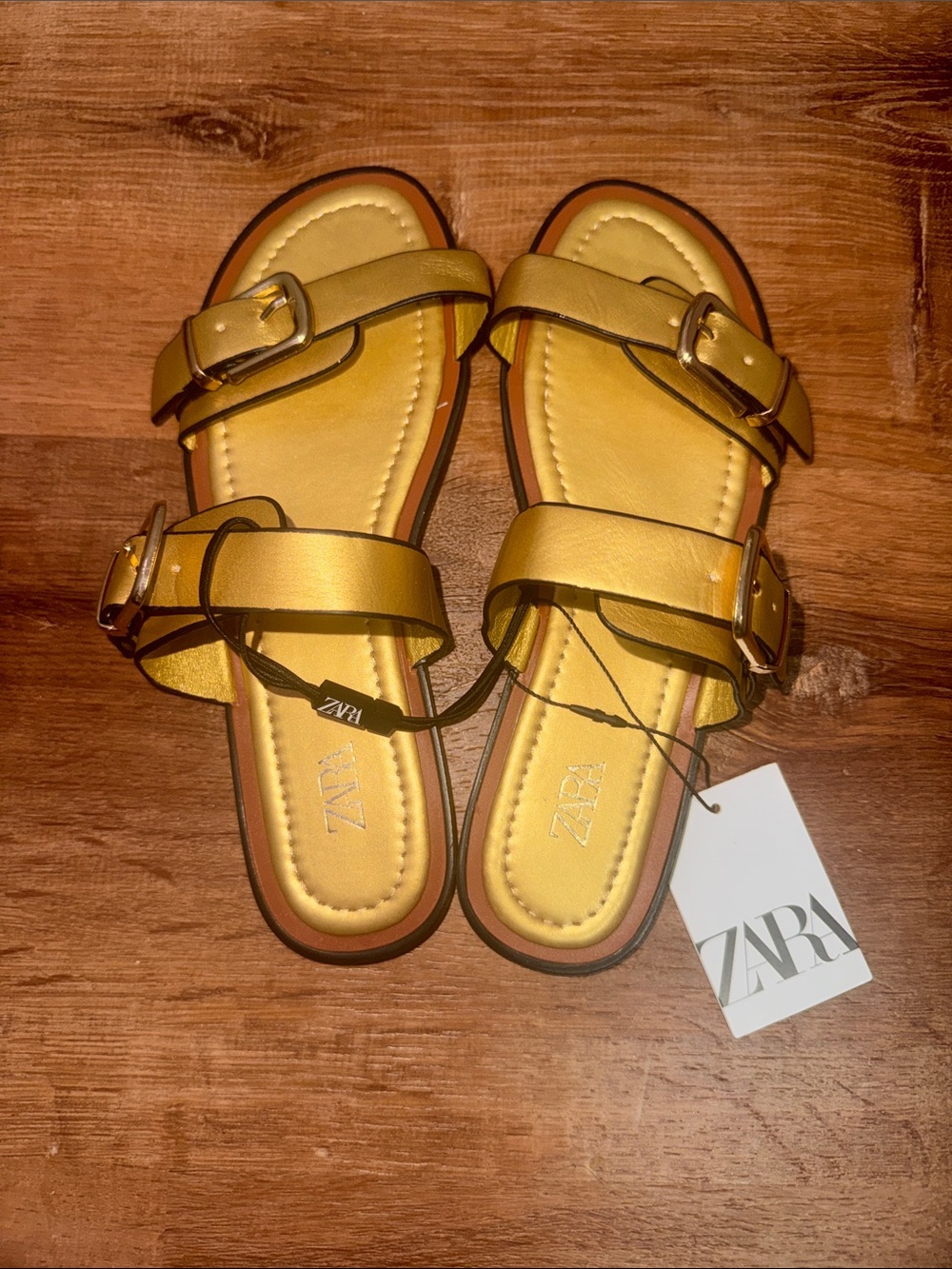 NWT Zara Yellow Lime Gold Double Strap Buckle Sandals